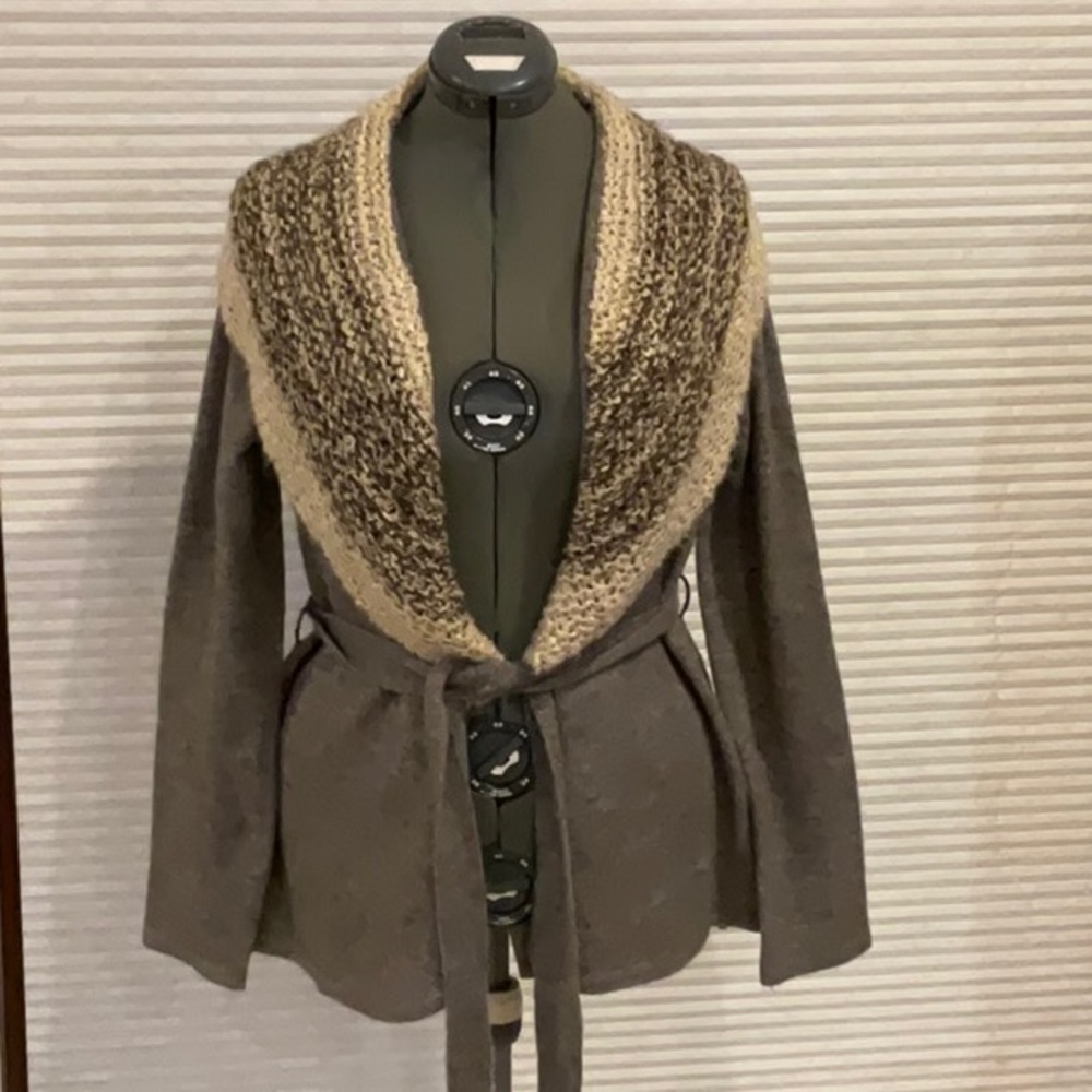 Cascading cardigan by Mystree size L Belted. 25”long & 17” across back pit2 pit.
